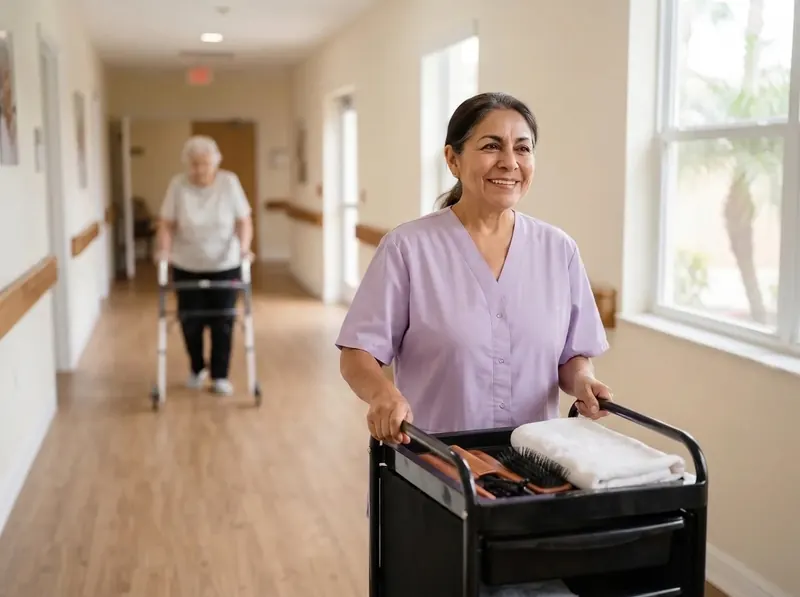 A cosmetologist in a lavender smock pushing a rolling salon cart down a bright senior living hallway