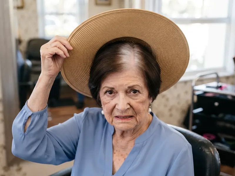 An elegant 84-year-old woman in a salon chair lifting the brim of her straw sun hat to show a white stripe along her part