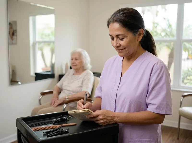 Rosemary writing notes in a small notebook on her rolling salon cart while a client waits in the chair