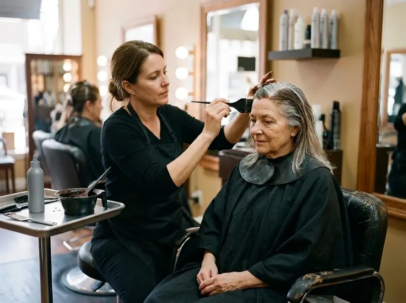 A colorist brushing dark brown color onto the gray roots of an older woman in a salon chair