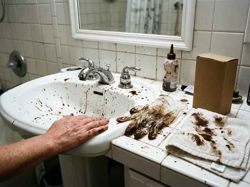 A white bathroom sink and grout splattered with dark brown dye next to a stained towel and used gloves