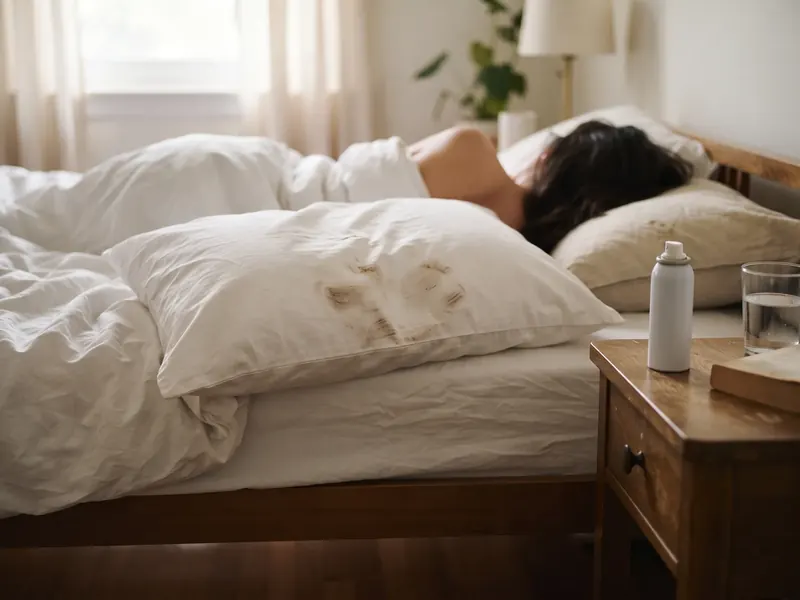 A white pillowcase with brown smudges in the morning next to a small unlabeled spray can on a nightstand