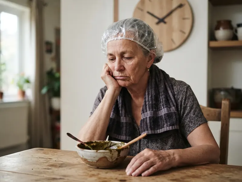 A woman about 65 waiting at her kitchen table with her hair under a plastic cap and a bowl of green henna paste