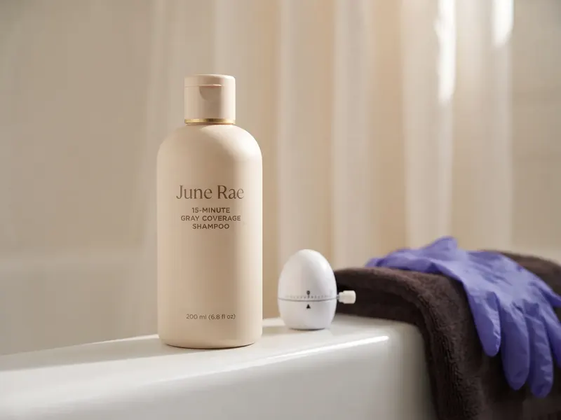 The June Rae bottle on the edge of a bathtub next to a white egg timer, a folded dark towel and purple gloves
