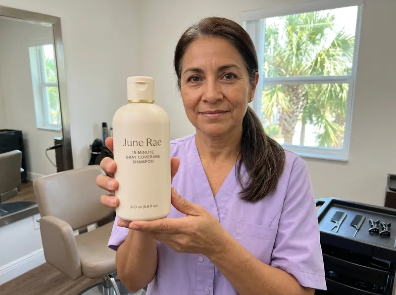 Rosemary, a 56-year-old cosmetologist, holding up the June Rae bottle in a small senior living salon room