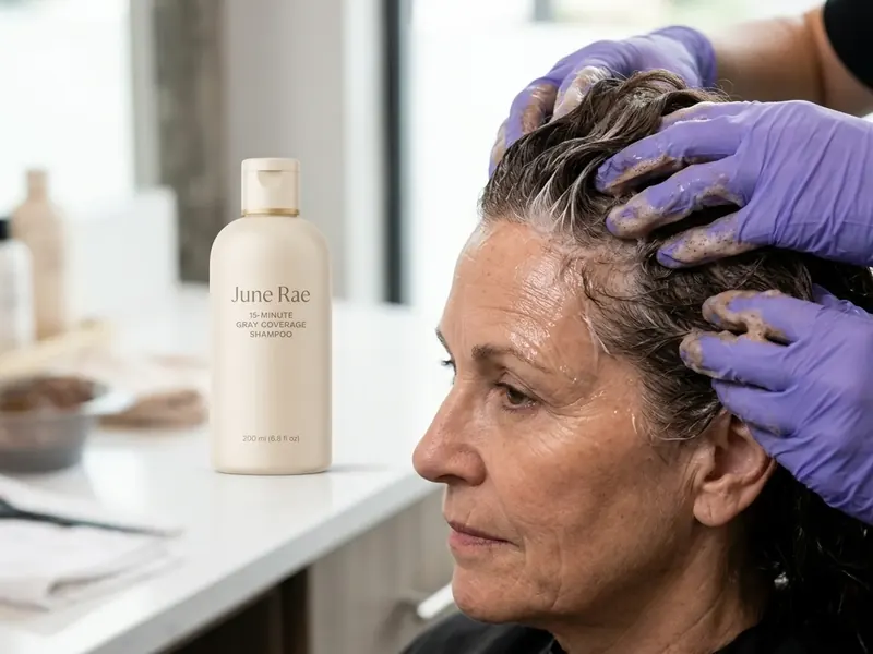 Gloved hands working a dark lather into the white temples of an older woman, the June Rae bottle on the counter behind