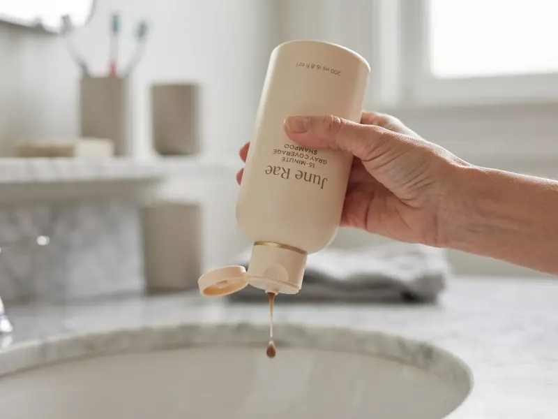 A hand holding an almost empty June Rae bottle upside down over a bathroom sink