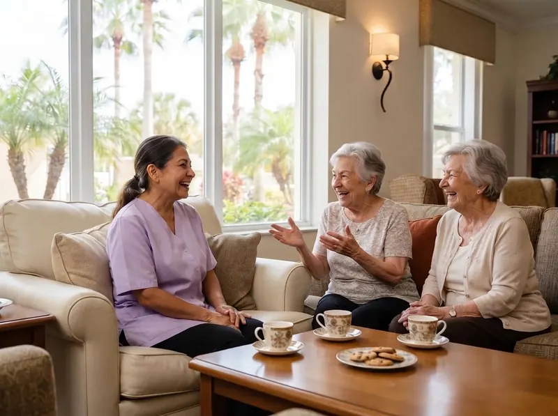 Rosemary laughing with two elderly women over coffee in the lounge of a senior living community