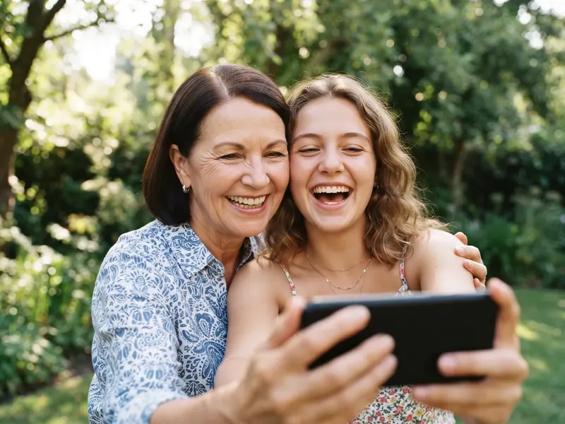 A woman about 60 with neat dark brown hair and her granddaughter laughing together in a selfie at a family barbecue