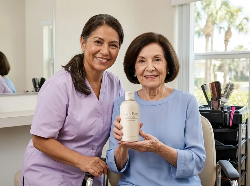 Rosemary and Dolores smiling in the senior living salon room, Dolores holding the June Rae bottle