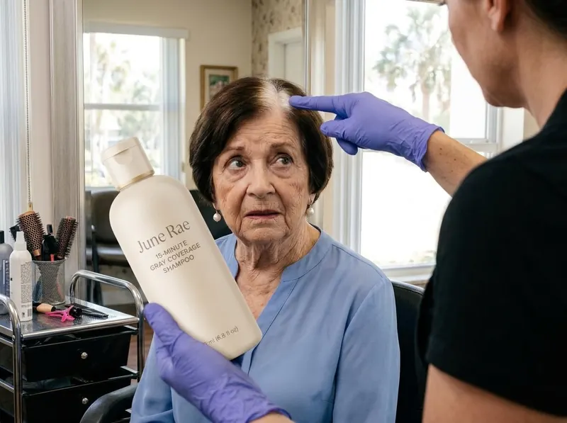 Rosemary's gloved hand holding the June Rae bottle beside Dolores, pointing at the white stripe of roots along her part