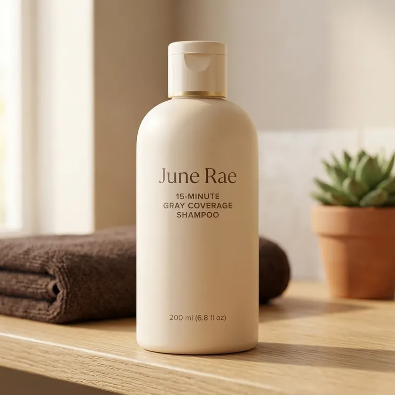 The June Rae 15-Minute Gray Coverage Shampoo bottle on a bathroom shelf
